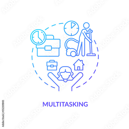 Multitasking blue gradient concept icon. Self employment. Family startup. Working from home advantage abstract idea thin line illustration. Isolated outline drawing. Myriad Pro-Bold font used