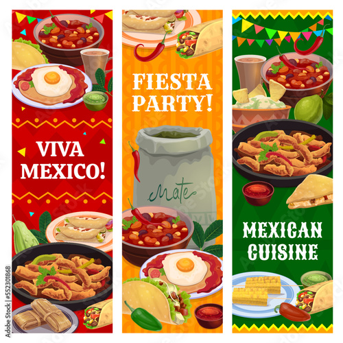 Mexican cuisine meals, drinks, fruits and snacks vertical banners. Tex Mex fast food, Mexico restaurant menu meals and fiesta party vector background with fajitas, tacos and burrito, tamales, mate tea
