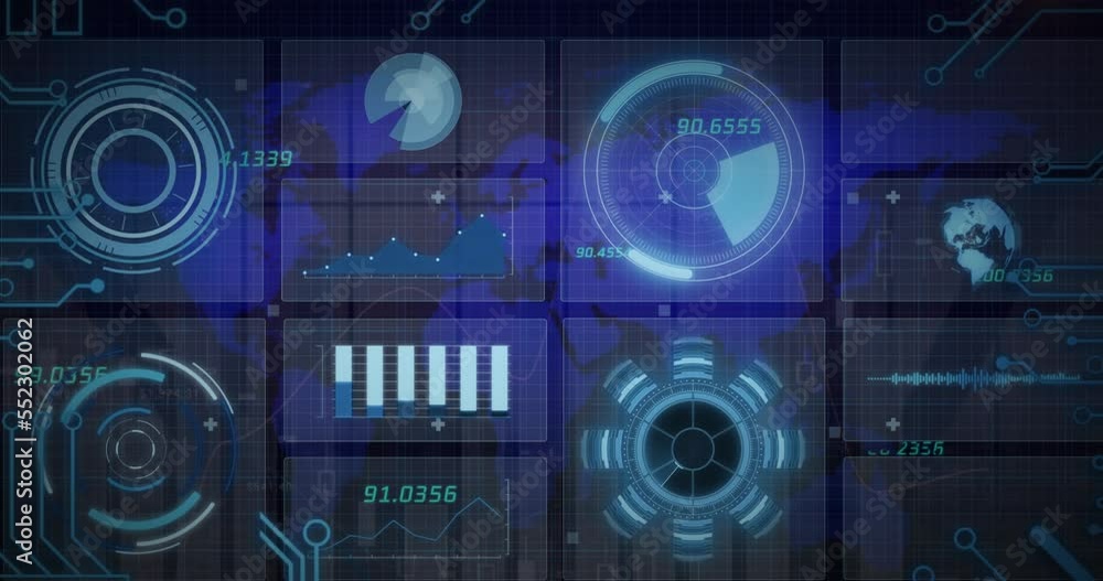 Animation of data processing with scope scanning and world map on black background Animation of data processing with scope scanning and world map on black background
