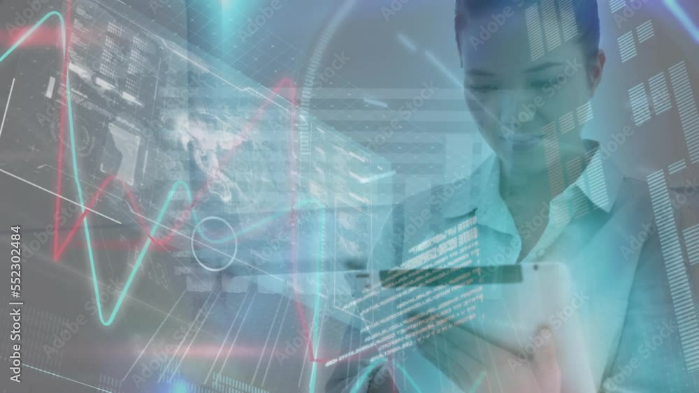 Animation of data processing over asian businesswoman working at office Animation of data processing over asian businesswoman working at office