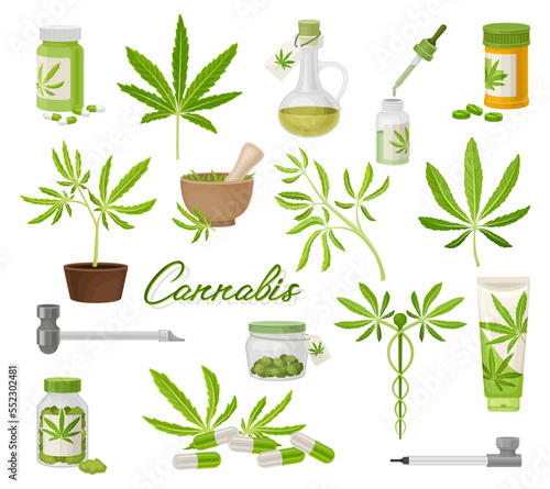 Cannabis Production with Marijuana Leaf, Smoking Pipe and Organic Product Big Vector Set