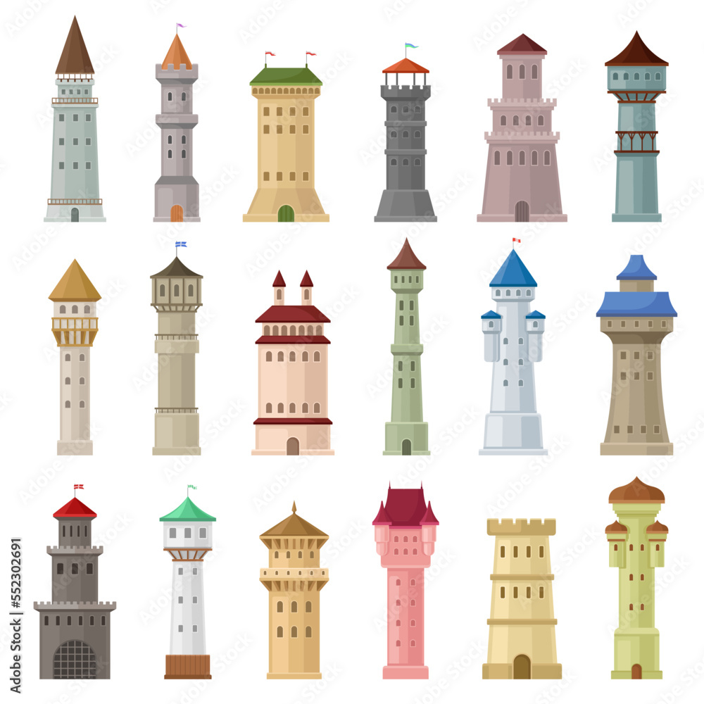 Obraz premium High Stone Towers with Castellation Walls and Windows Big Vector Set