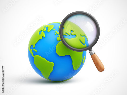 Cartoon planet Earth with magnifying glass 3d vector icon on white background. Research the planet. Exploring the world and global search concept. Vector illustration