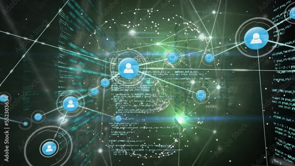 Animation of network of connections with icons over data processing on black background Animation of network of connections with icons over data processing on black background