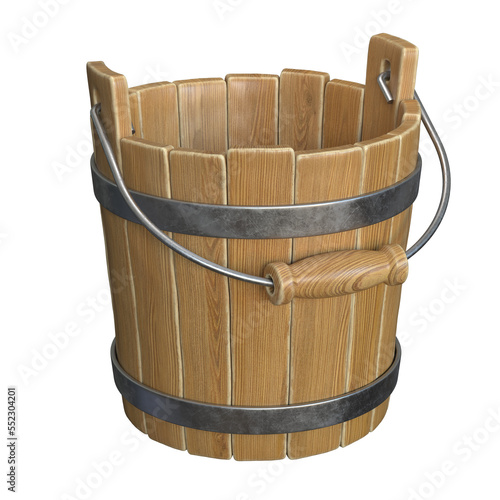 Empty wooden bucket isolated on white background 3d rendering
