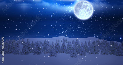 Image of sky with clouds over winter landscape and santa claus in sleigh with reindeer © vectorfusionart