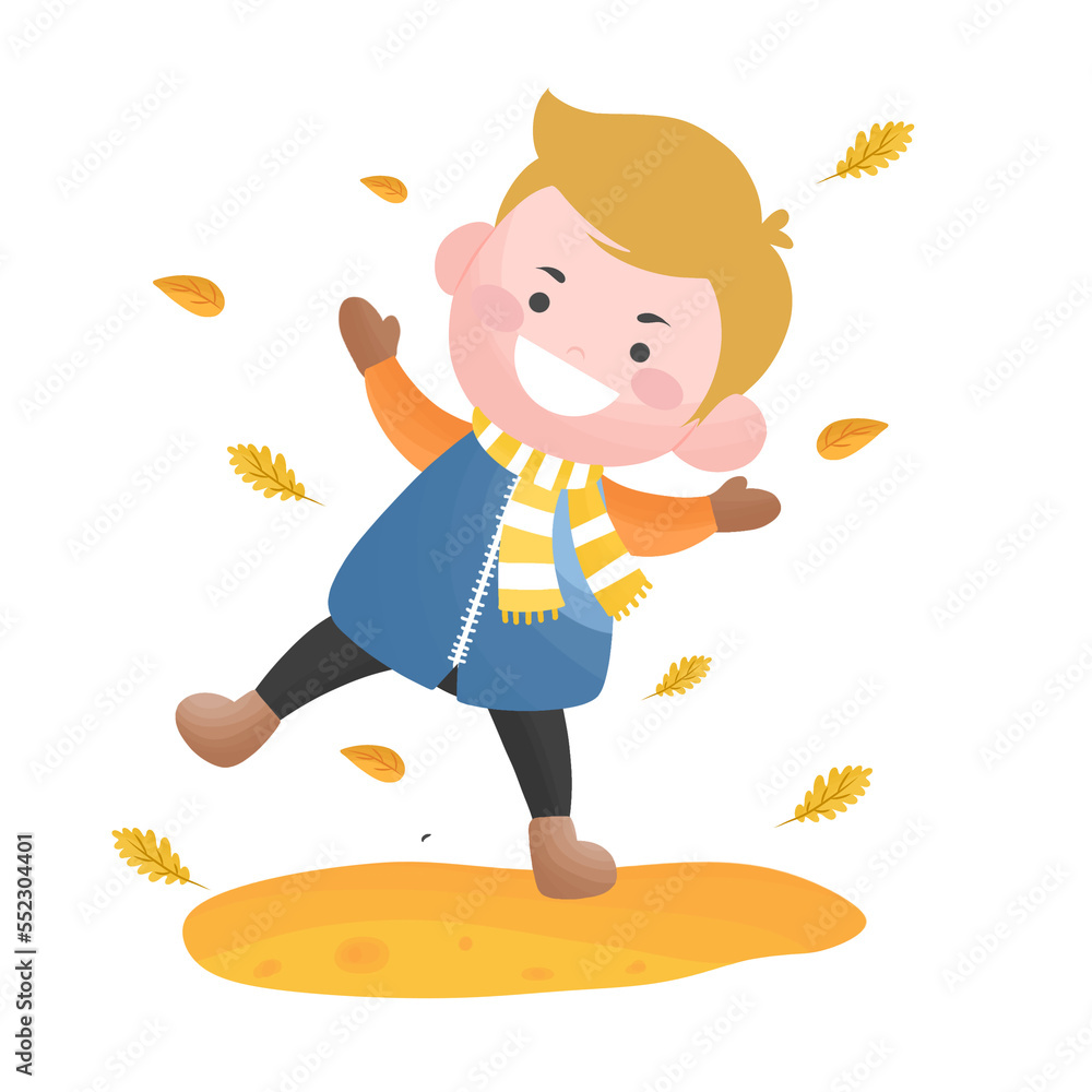 boy kid jumping on leaves in autumn season boy kid jumping on leaves in autumn season