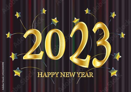Feliz Año Nuevo 2023 sobre fondo de cortina oscura y en fuentes doradas con estrellitas