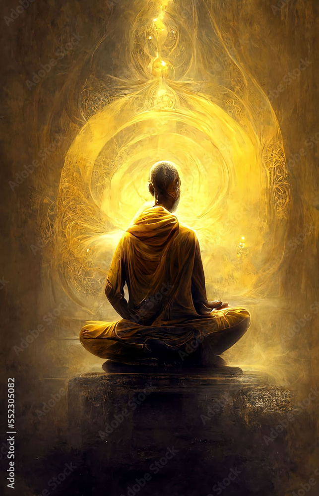 Monk sitting and meditating with the ethereal golden love of the divine. Generative AI, this image is not based on any original image, character or person. Monk sitting and meditating with the ethereal golden love of the divine. Generative AI, this image is not based on any original image, character or person.