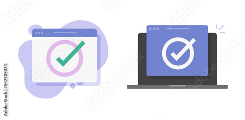 Verified valid completed check mark icon vector online, vote quiz test exam checkmark concept on laptop computer pc screen, internet web digital online enroll poll graphic, survey task list idea image