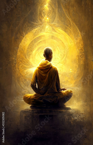 Monk sitting and meditating with the ethereal golden love of the divine. Generative AI, this image is not based on any original image, character or person.