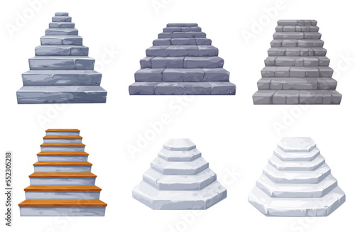 Cartoon rock stone castle stair. Staircase, stairway fairy castle historic architecture. Home exterior stone, white marble or concrete vector stairways, path to success concept