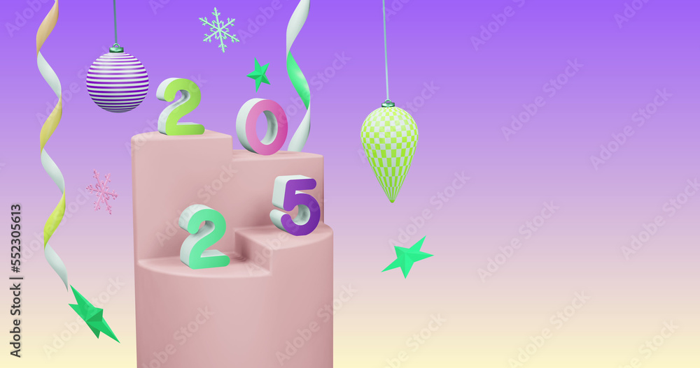 Image of 2025 number over new year and christmas decorations on purple background Image of 2025 number over new year and christmas decorations on purple background