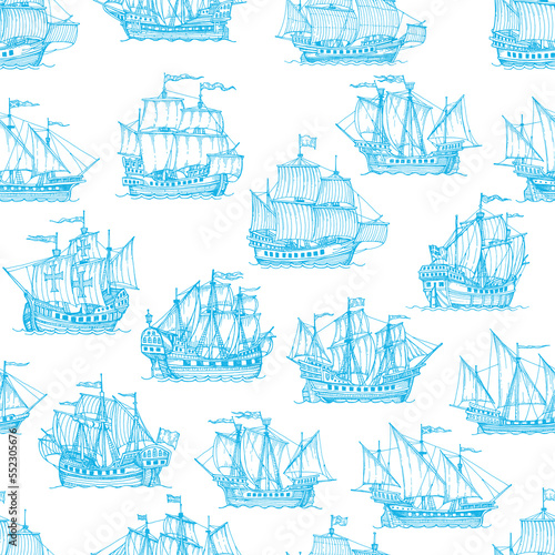 Fototapet Sail ship, sailboat, brigantine seamless pattern