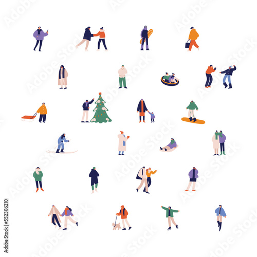Winter holiday activities, funs set. People on street. Characters with skateboard, ski, snowboard, playing snowball, walking outdoor at vacation. Flat vector illustrations isolated on white background © Paper Trident