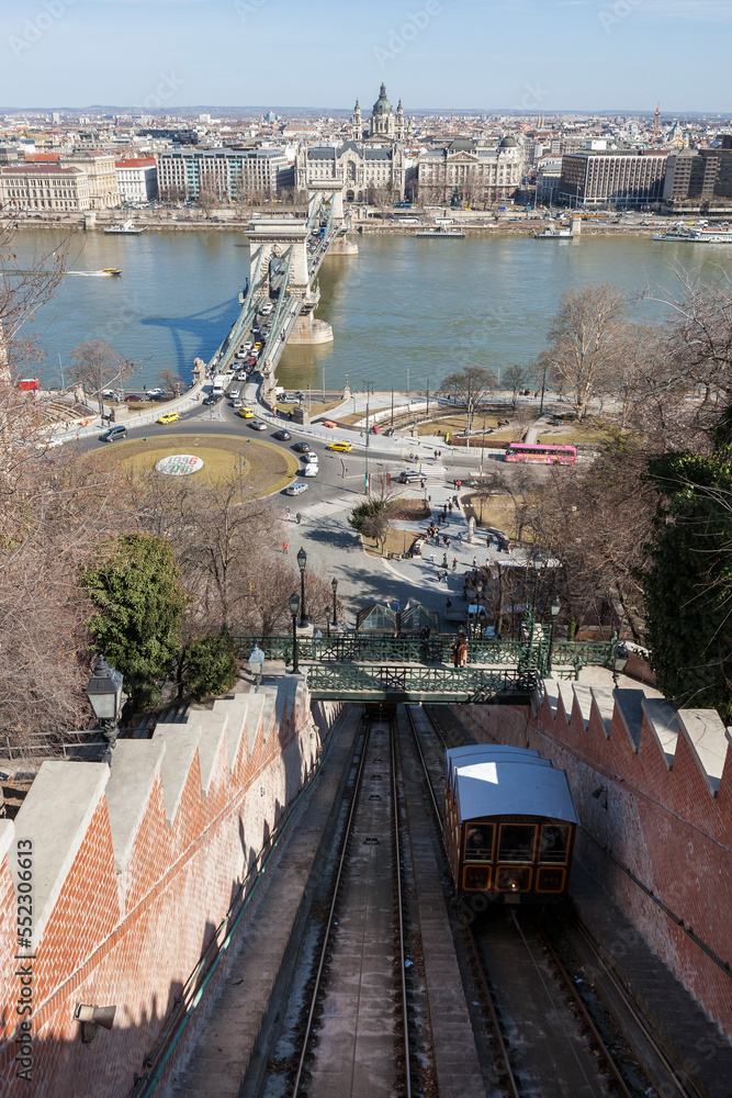 The Buda Castle Funicular and beyond, Clark Ádám tér, the Széchenyi Chain Bridge over the Danube, and Pest on the opposite bank: Budapest, Hungary