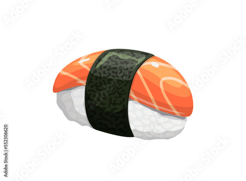 Cartoon salmon sushi, isolated vector sashimi japan seafood cuisine with slice of fresh fish, rice and seaweed on white background. Japanese restaurant sushi meal, delicious gourmet snack