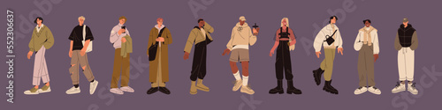 Fashion men in stylish outfits set. Young male characters wearing modern trendy apparels. Casual guys garments, fashionable street looks with coats, jackets. Isolated flat graphic vector illustration