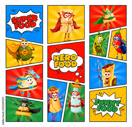 Retro comics cartoon mexican food superhero and defender characters. Vector funny quesadilla, nachos, jalapeno, enchiladas or burrito with avocado or tequila super hero tex mex personages on half tone