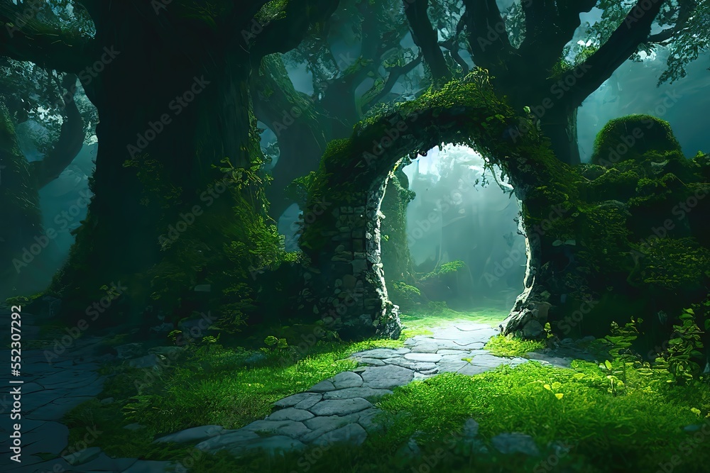 Fototapeta premium Magical portal with arch made with tree branches in shady green forest. Open door to alternative dimension fantasy scene. 3d artwork. AI