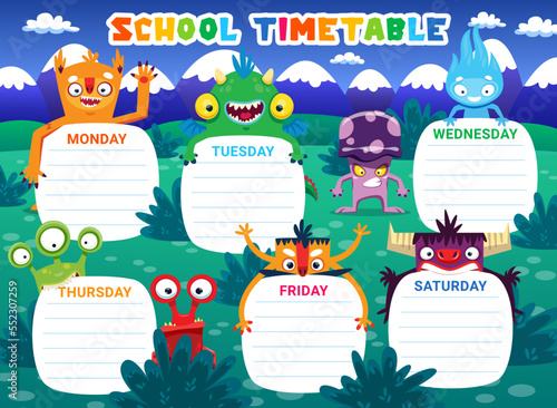 Education timetable schedule monster characters. Vector school weekly planner template with cartoon aliens and funny mutant personages. Kids time table, lessons organizer frame, list for classes