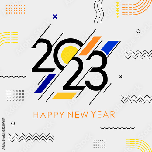 happy new year 2023 covered with a modern geometric abstract background in retro style. happy new year greeting card banner design for 2023 calligraphy includes colorful shapes. Vector illustration