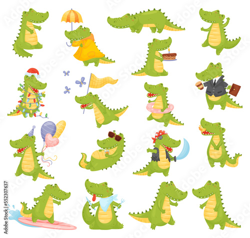 Crocodile Cute Character Engaged in Different Activity Big Vector Set