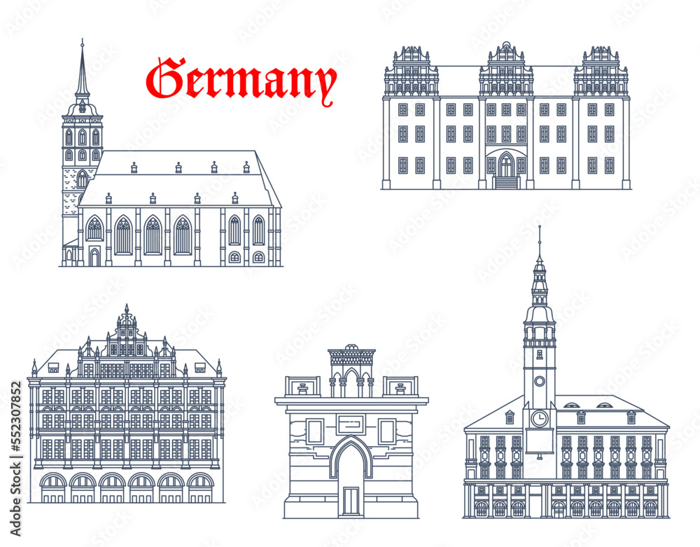 Germany, Bautzen and Gorlitz architecture buildings, vector travel landmarks. German Saxony buildings of St Peter cathedral, Ortenburg castle, Rathaus City Hall and Holy Sepulchre or Grave monument