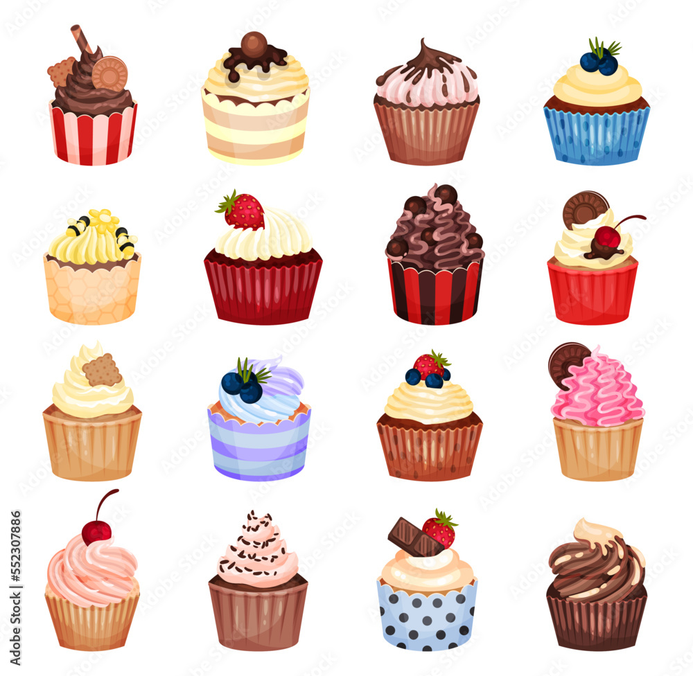 Sweet Delicious Cupcakes with Whipped Cream and Berry on Top Big Vector Set Sweet Delicious Cupcakes with Whipped Cream and Berry on Top Big Vector Set