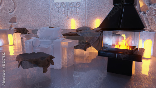 Schlafzimmer in einem Eishotel mit Beleuchtung und Kaminheizung