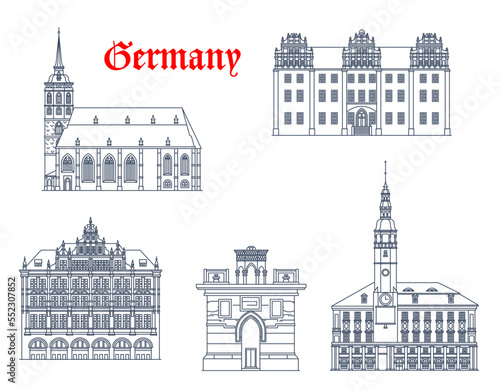 Germany, Bautzen and Gorlitz architecture buildings, vector travel landmarks. German Saxony buildings of St Peter cathedral, Ortenburg castle, Rathaus City Hall and Holy Sepulchre or Grave monument