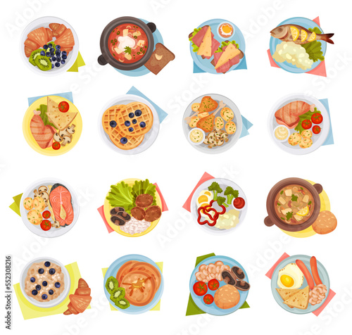 Different Food Served on Plate Above View Big Vector Set