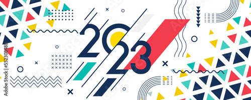 happy new year 2023 banner with modern geometric abstract white background in retro style. happy new year greeting card design for year 2023 calligraphy includes colorful shapes. Vector illustration 