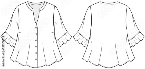 womens button down ruffle sleeve blouse top flat sketch vector illustration technical cad drawing template
