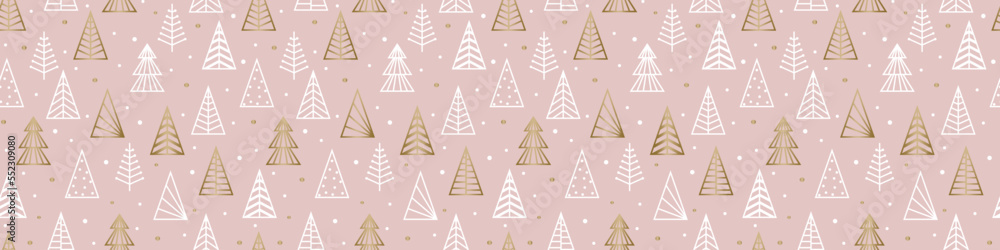 Concept of Christmas pattern with golden trees. Banner. Vector illustration