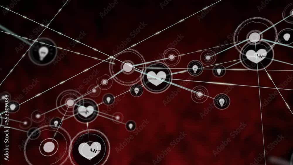 Animation of network of connections with icons over black background Animation of network of connections with icons over black background