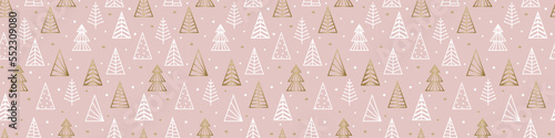 Concept of Christmas pattern with golden trees. Banner. Vector illustration