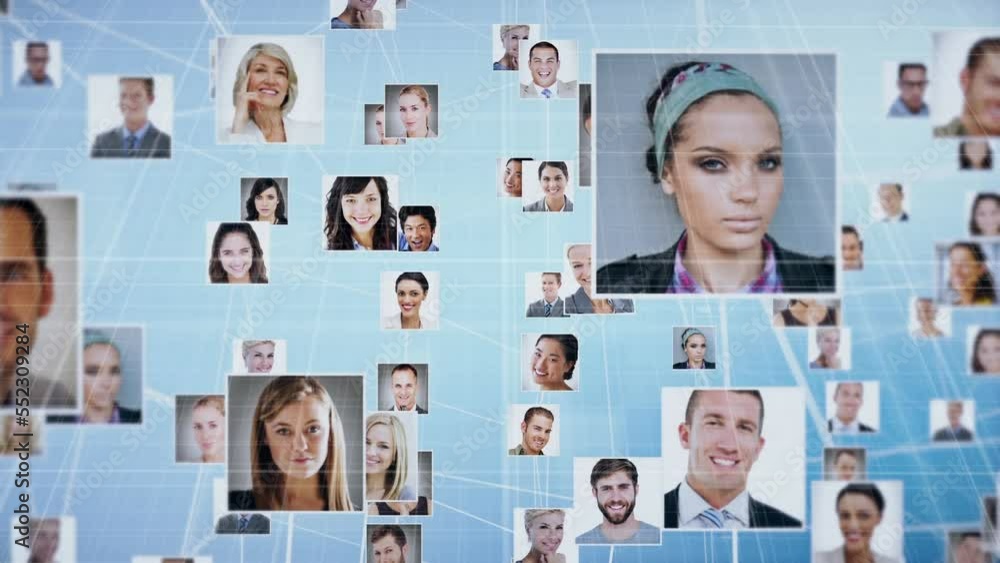 Animation of network of connections with photos and data processing Animation of network of connections with photos and data processing