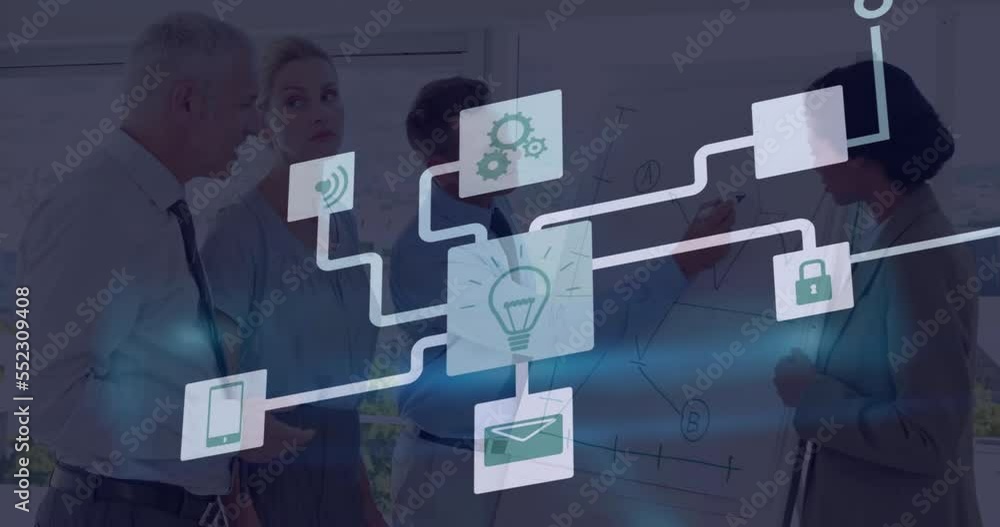Animation of connections with icons and data processing over business people Animation of connections with icons and data processing over business people