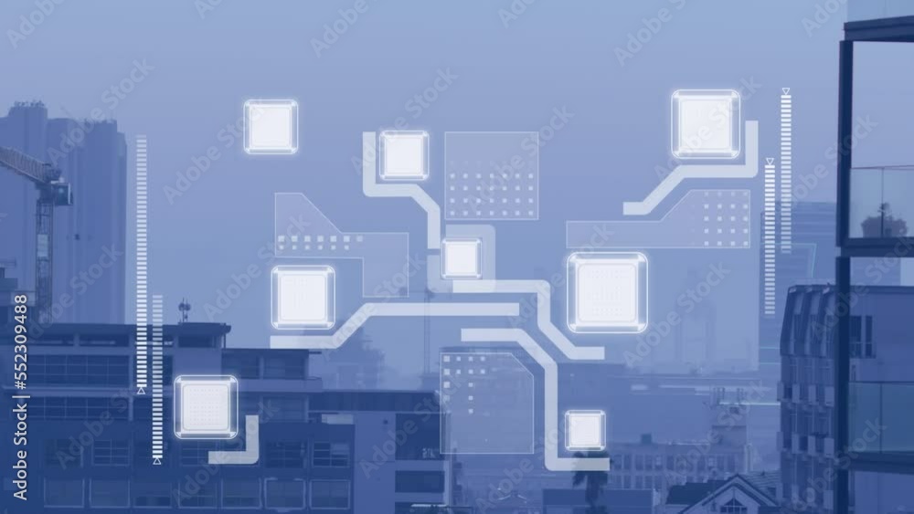 Animation of shapes moving over cityscape Animation of shapes moving over cityscape