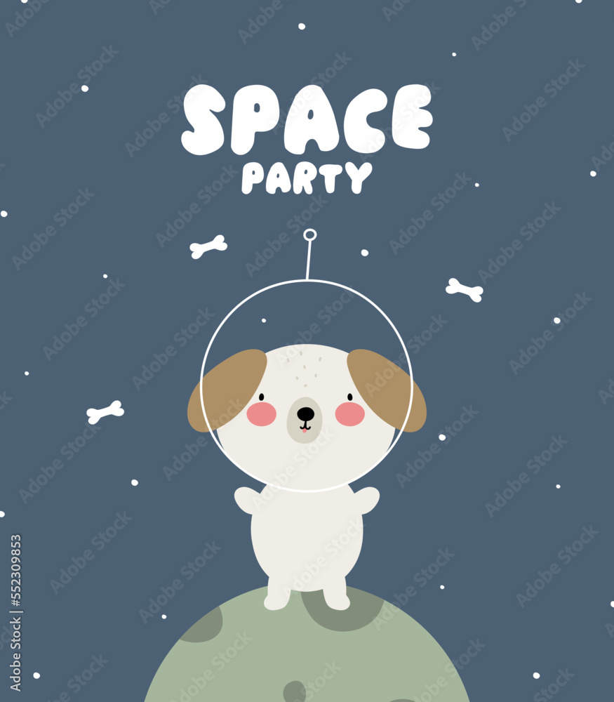 Space party invitation, birthday party in cosmic style, greeting card. Kids illustration with dog astronaut in cartoon style. Space party invitation, birthday party in cosmic style, greeting card. Kids illustration with dog astronaut in cartoon style.