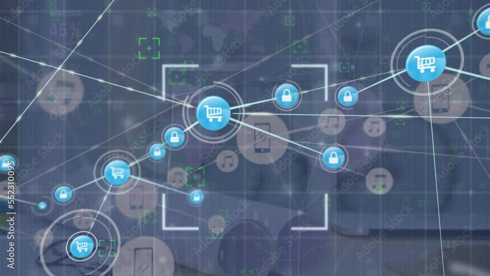 Animation of network of connections with icons and data processing Animation of network of connections with icons and data processing