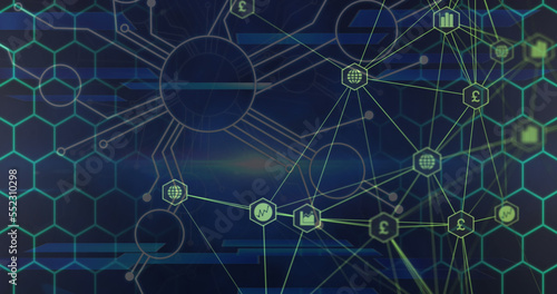Image of connections and hexagons over navy background