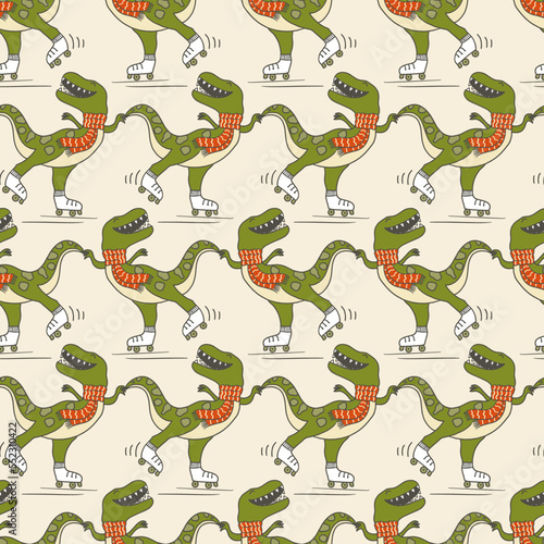 Retro Groovy Skating Winter T-Rex Dinosaur Vector Seamless Pattern