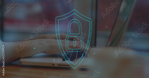 Image of security padlock, data processing over woman using laptop