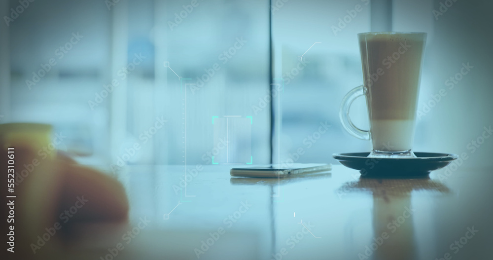 Image of a white QR code scanning over a cup of caffe latte standing Image of a white QR code scanning over a cup of caffe latte standing