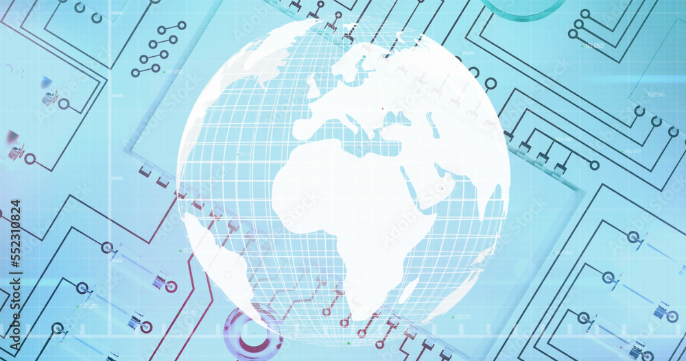 Image of a graph rolling with a globe spinning over a microprocessor ...