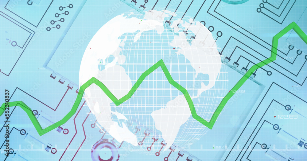 Image of a graph rolling with a globe spinning over a microprocessor blueprint