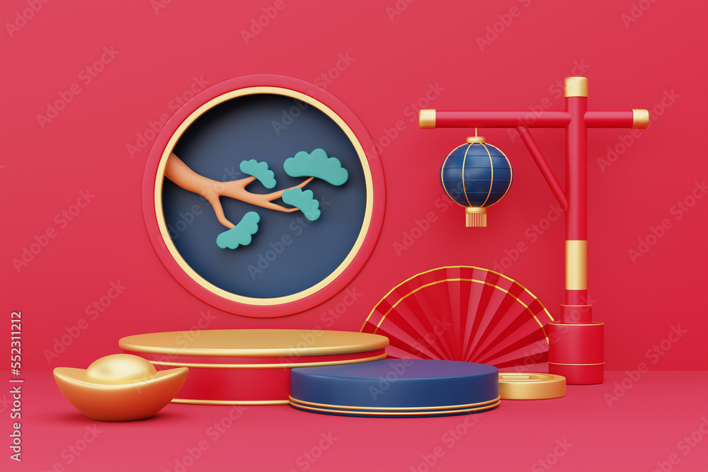 3D podium display for Chinese new year concept on red background, Chinese Festivals, Lunar, CYN 2023, 3d rendering.