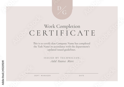 Image of template of work completion certificate on beige background